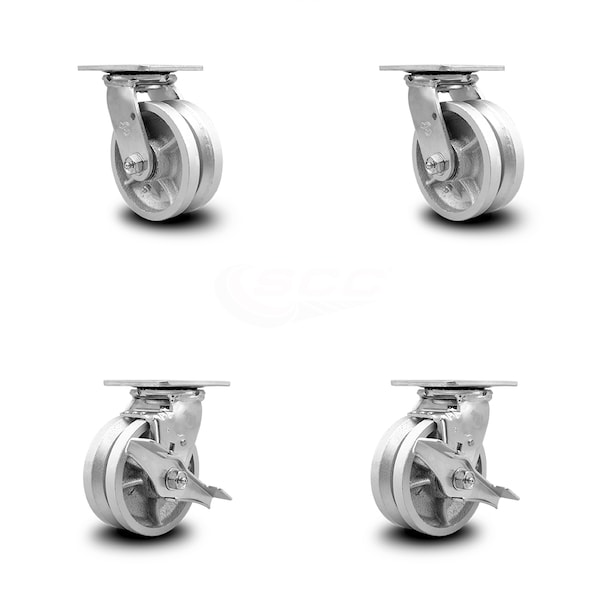 5 Inch V Groove Semi Steel Swivel Caster Set with Ball Bearings 2 Brakes SCC